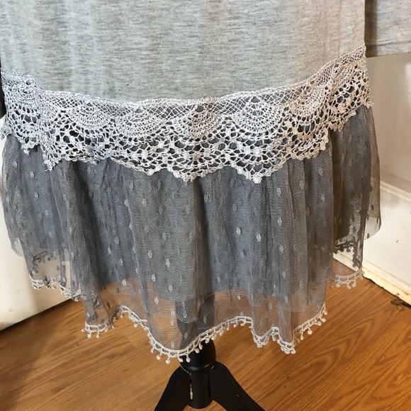 Ryu Gray Long Sleeve Tulle Slip Dress•Lace Hem•Size L - Picture 4 of 8